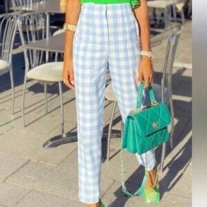 Zara Light Blue & White Gingham Cropped Pants